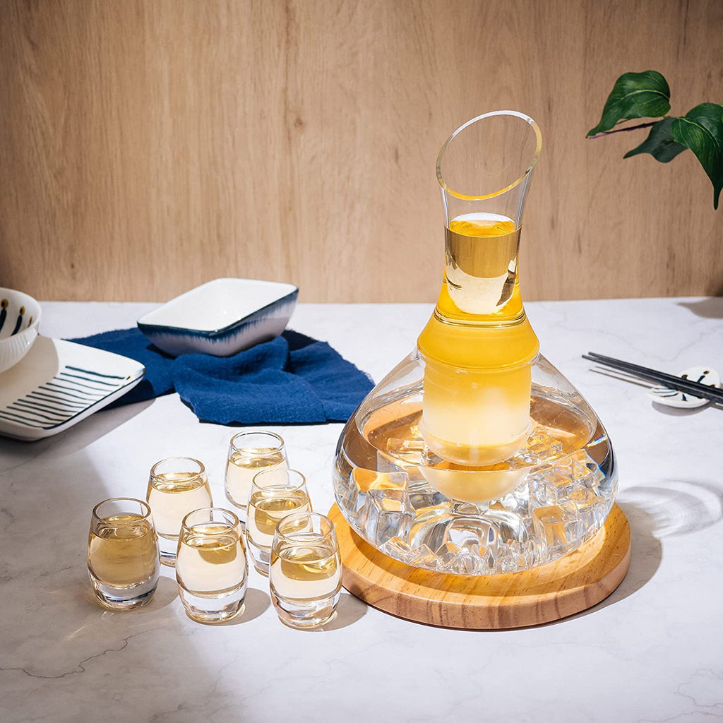 Sake Set Glasses Japanese, 15 Ounce, With 6-1oz Crystal Saki Cups Set, for Warmer or Cold Japanese Wine Drinking with a Wooden Stone Coaster by The Wine Savant, Cups & Carafe Japanese Gifts Set-2