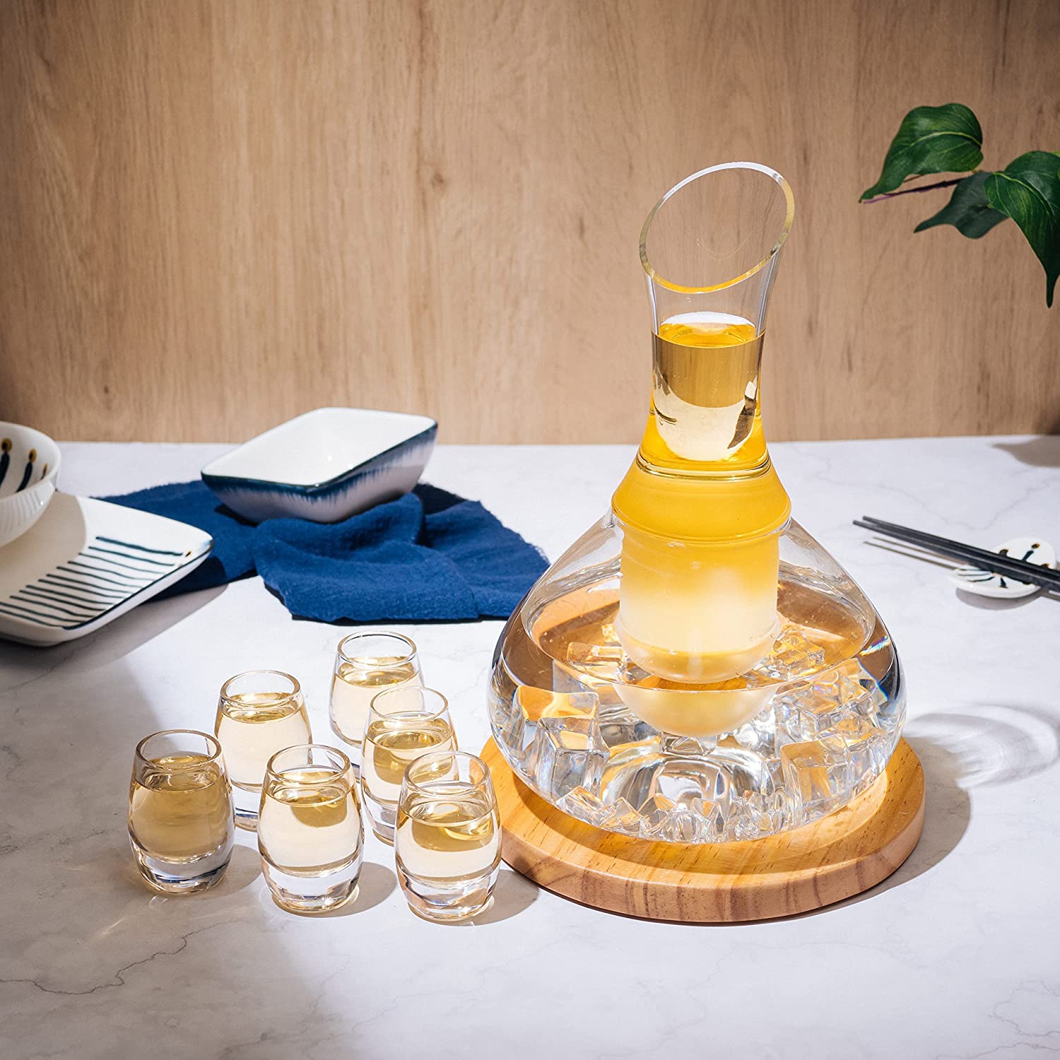 Sake Set Glasses Japanese, 15 Ounce, With 6-1oz Crystal Saki Cups Set, for Warmer or Cold Japanese Wine Drinking with a Wooden Stone Coaster by The Wine Savant, Cups & Carafe Japanese Gifts Set-2